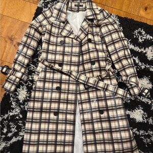 Nasty Gal Black and Cream Checkered Trench Coat
